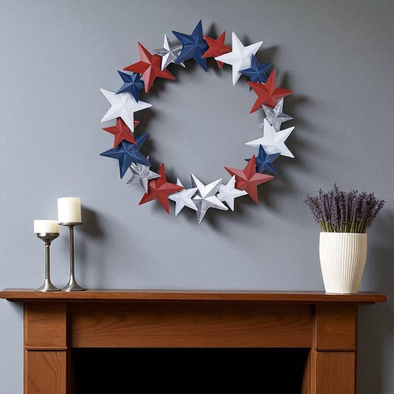 HomeRoots 18" Red White And Blue Metal Star Round Hanging Wreath Wall Decor - White/Blue/Red - 18.00 in. x 18.00 in.  x 2.00 in.