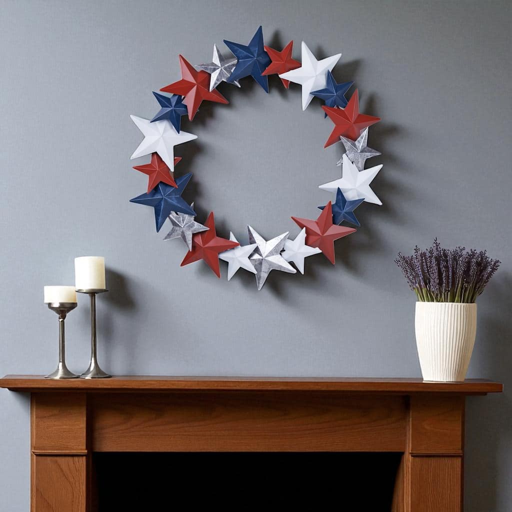 HomeRoots 18" Red White And Blue Metal Star Round Hanging Wreath Wall Decor