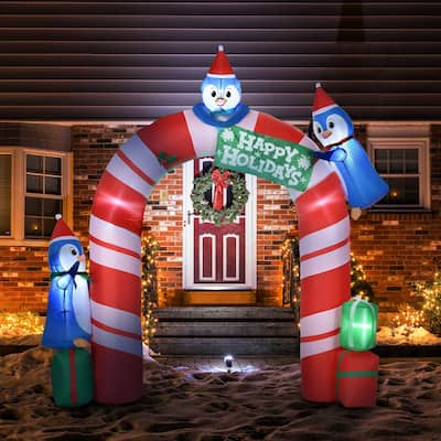 Outsunny 8ft Christmas Inflatable Candy Cane Archway with Three Penguins and Gift Boxes