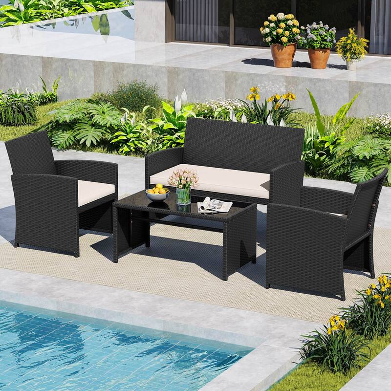 Costway 4 PCS Patio Conversation Set with Seat Cushions & Tempered - See Details - White+Black