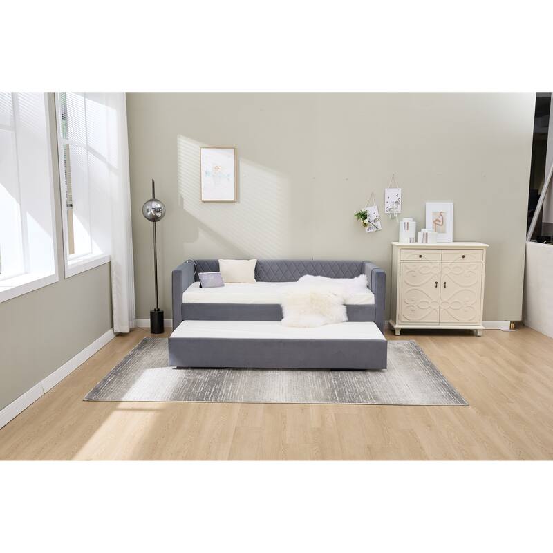 Twin Size Upholstered Daybed with Trundle, Velvet Sofa Bed with USB Port & Side Pockets, Modern V-Grained Backrest Guest Bed