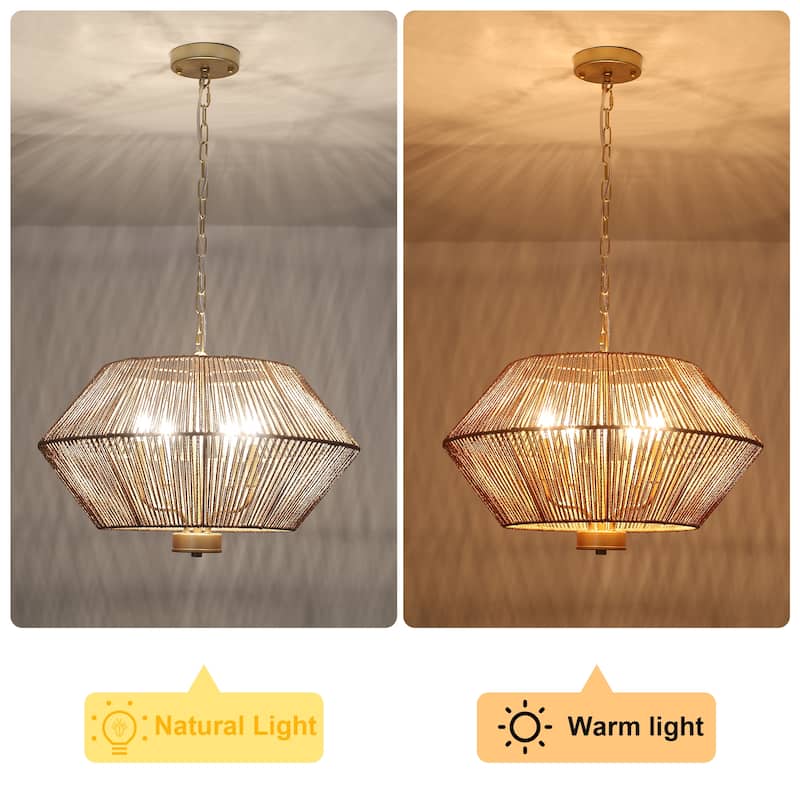 4-Light Dimmable Pendant Light, Paper Rattan Lampshade Candle Chandelier for Living Room with no bulbs included
