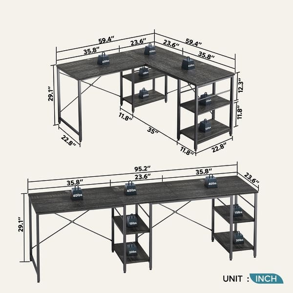 dimension image slide 6 of 9, 95.2 Inch L Shaped Desk with Shelves Home Office Computer Desk