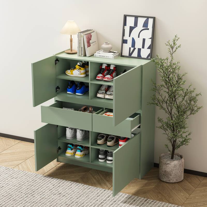 Green 4 Door Wooden Storage Cabinet with Convenient Drawers
