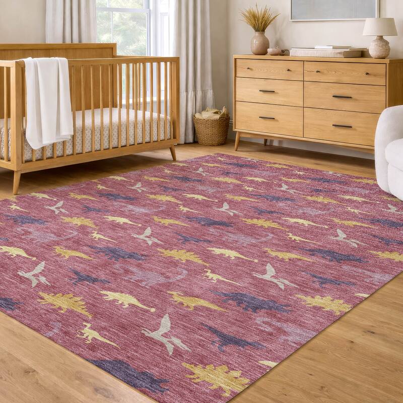 Machine Washable Indoor/ Outdoor Modern Dinosaur Chantille Rug