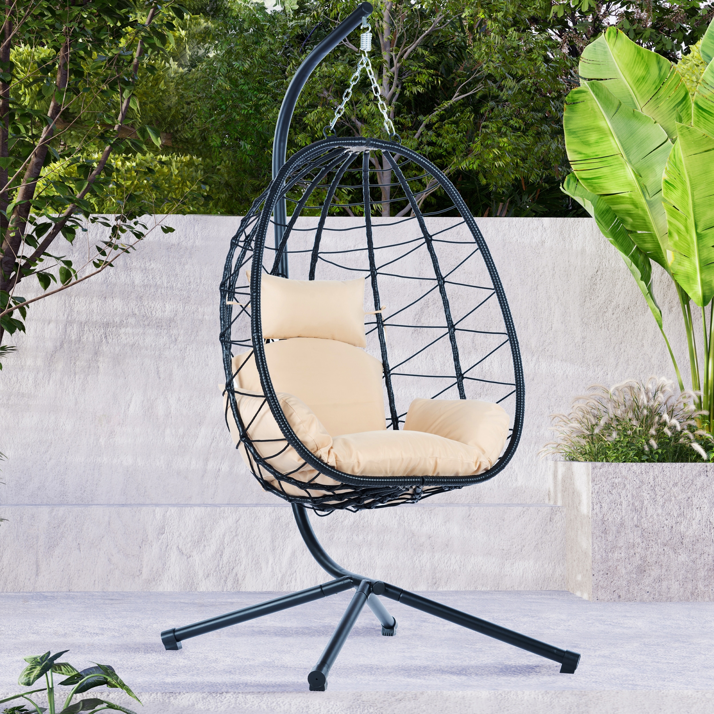 Modern Rattan Swing Chair with Stand Outdoor Hanging Egg Chair for Single Person Black Rattan with Cushion Beige