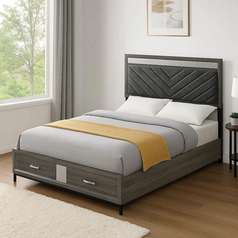 Lito Queen Size Bed w Padded Headboard, 2 Footboard Drawers, Gray