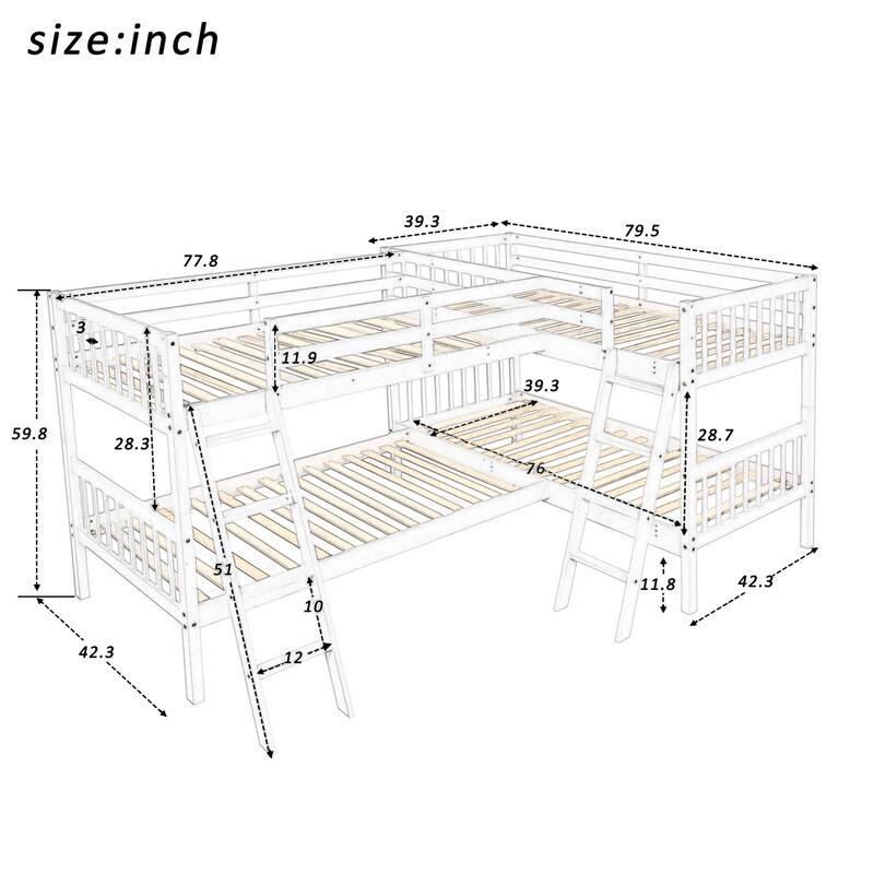 L-Shaped Twin Over Twin Bunk Bed with Guardrails and Ladder, Durable Pine Wood Frame, White/Grey Finish