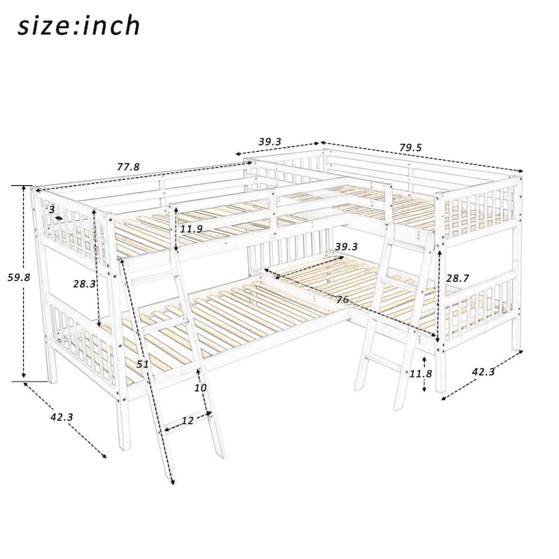 L Shaped Twin Size Bunk Bed Frame with 2 Ladder, Solid Pinewood Twin over Twin Size Bunk Bed Frame with Safety Guardrail