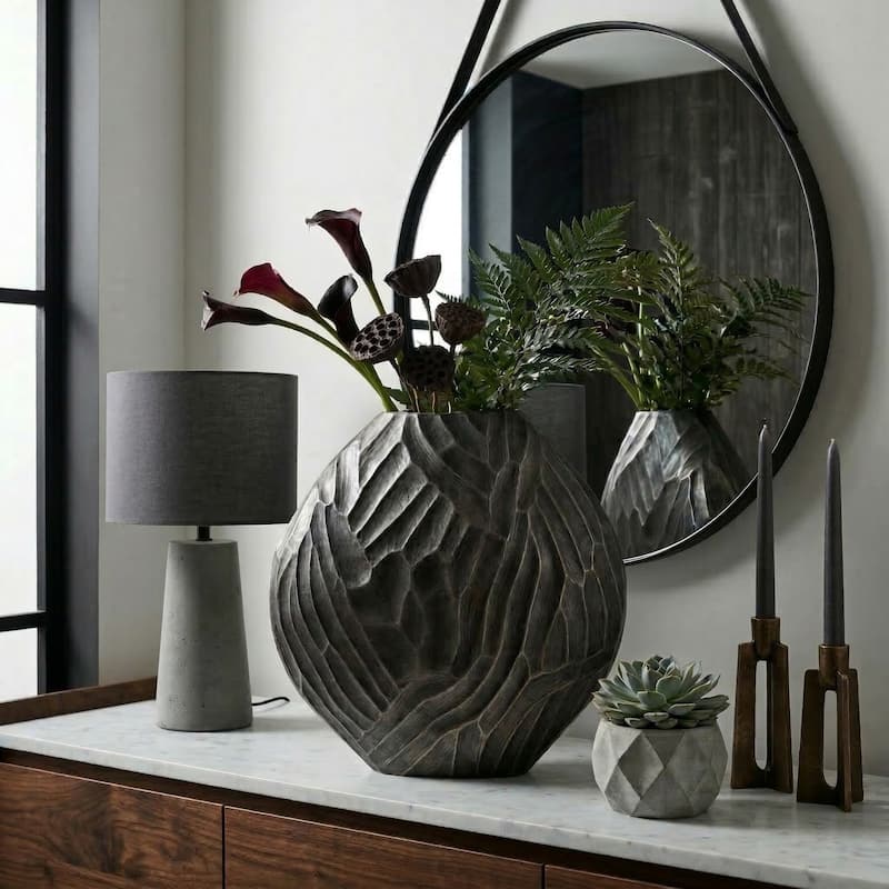 Modern Round Metal Table Vase - Flower Vase - Silver/ Metallic - 22.5"