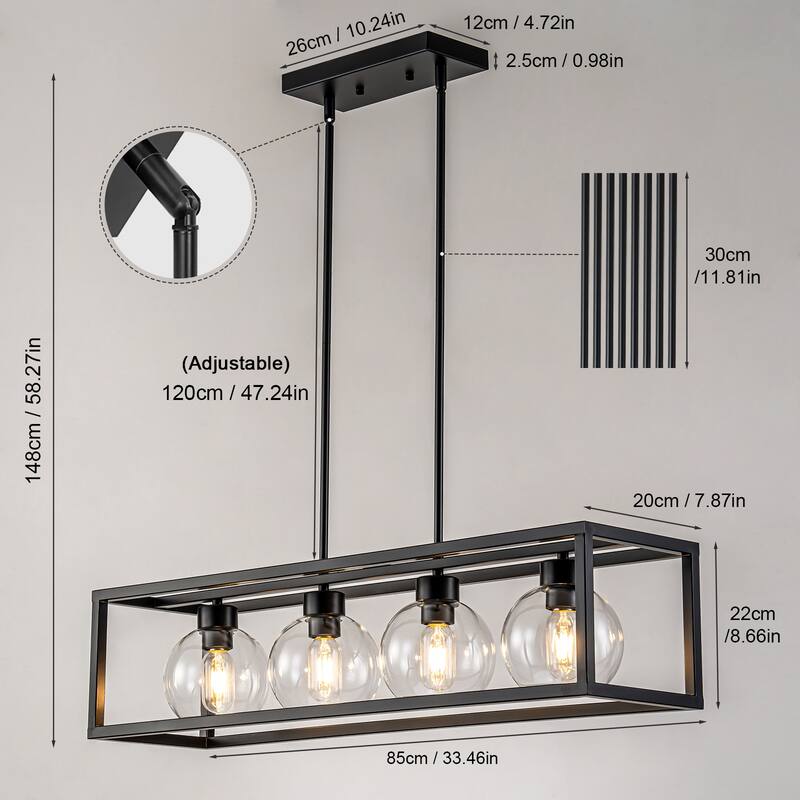 Starsky 4-Light 33in Modern Farmhouse Linear Chandelier Wooden Rectangle Kitchen Island Light
