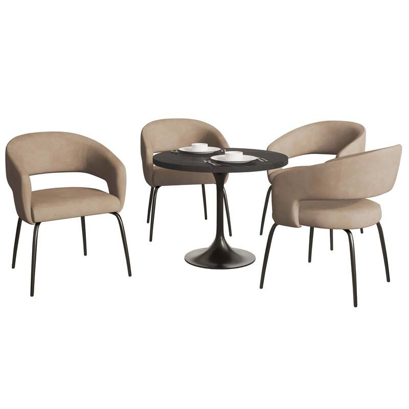 Verve Modern 36 Inches Round Dining Set with Solid Wood Tabletop and 4 Velvet/Leather Chairs for Home Kitchen or Dining rooms - Light Taupe Leather