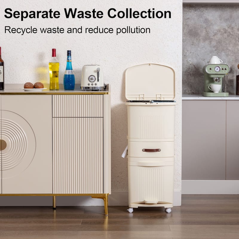 Plastic Trash Cans with Wheels, Garbage Can with Pop-up Lid, 45L/11.88Gal, Dry and Wet Separation Trash Bin, Waste Basket