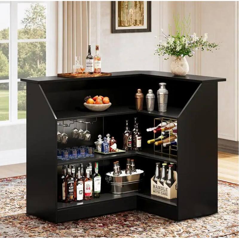 51.2" L-Shaped Home Bar Cabinet with Stemware Rack, Black