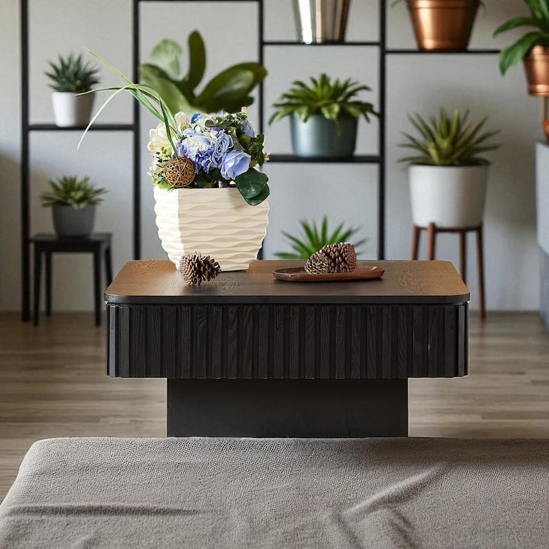 35.43" Modern Handcrafted Drum Coffee Table with Lift-Top and Hidden Storage, Square Wooden Accent Table - Black