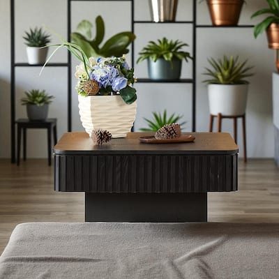 35.43" Modern Handcrafted Drum Coffee Table with Lift-Top and Hidden Storage, Square Wooden Accent Table