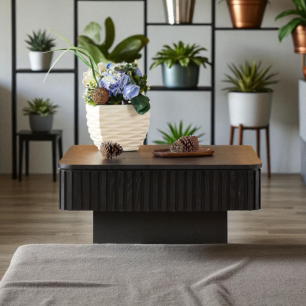 35.43" Modern Handcrafted Drum Coffee Table with Lift-Top and Hidden Storage, Square Wooden Accent Table
