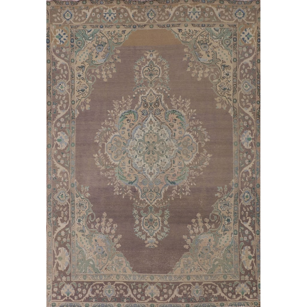 Distressed Tabriz Persian Vintage Area Rug Hand-Knotted Wool Carpet - 6'9"x 9'2"