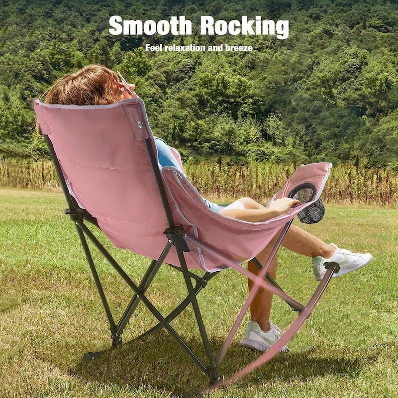 BOSSIN Heavy-Duty Oversized Rocking Camp Chair, Portable Folding w/Cup Holder, Cooler & Pocket for Camping, Beach, Backyard