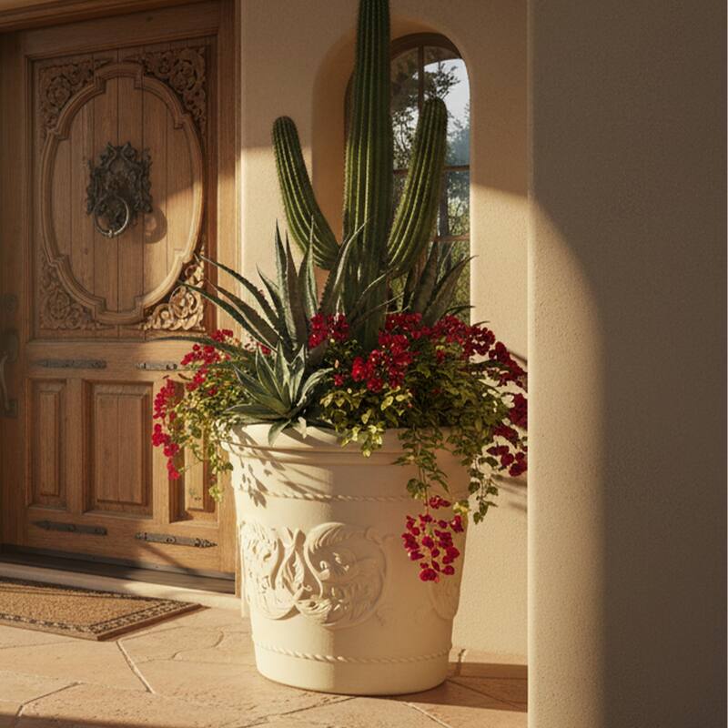 Sunnydaze Arabella Polyresin Large Round Outdoor Planter - 20 in - Antique White