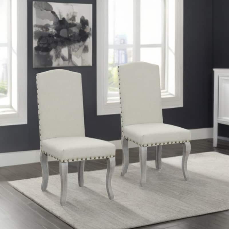 Set of 2 Beige and Gray Upholstered Parsons Dining Chairs with Nailhead Trim and Solid Wood Legs - 49.5”H x 21.5”W x 20”D