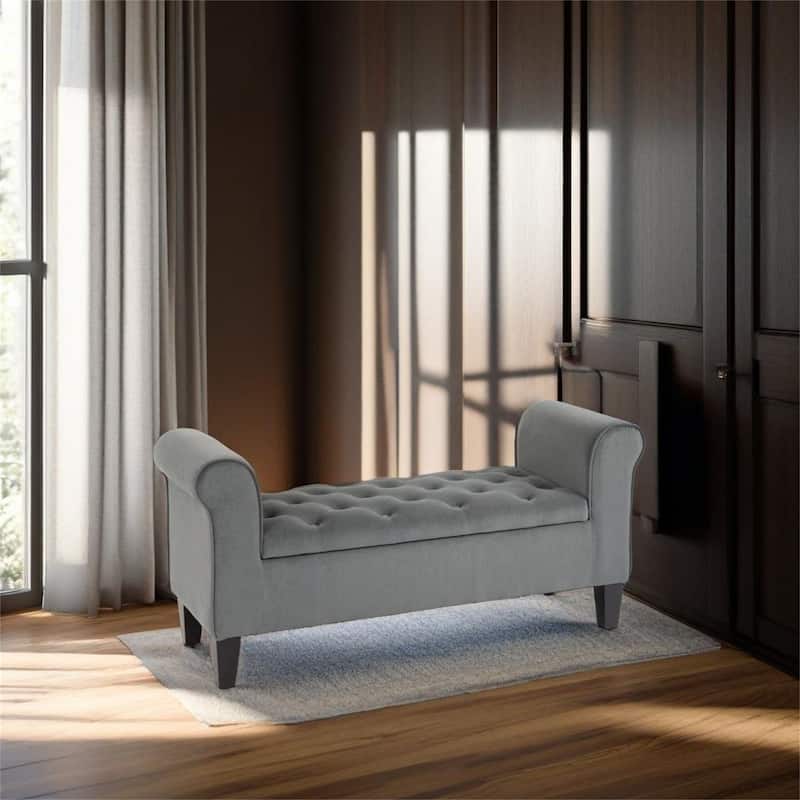 Button-Tufted Storage Ottoman Bench - Grey