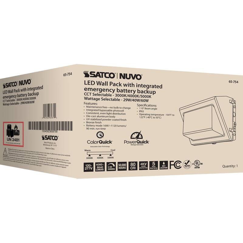 Emergency Architectural LED Wall Pack CCT Selectable 3K/4K/5K Wattage Adjustable Bypassable Photocell 120-277 Volt - Bronze