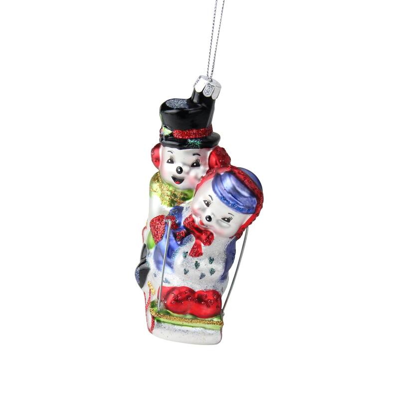 4.5" White Red Cheerful Sledding Snowmen Couple Glass Ornament