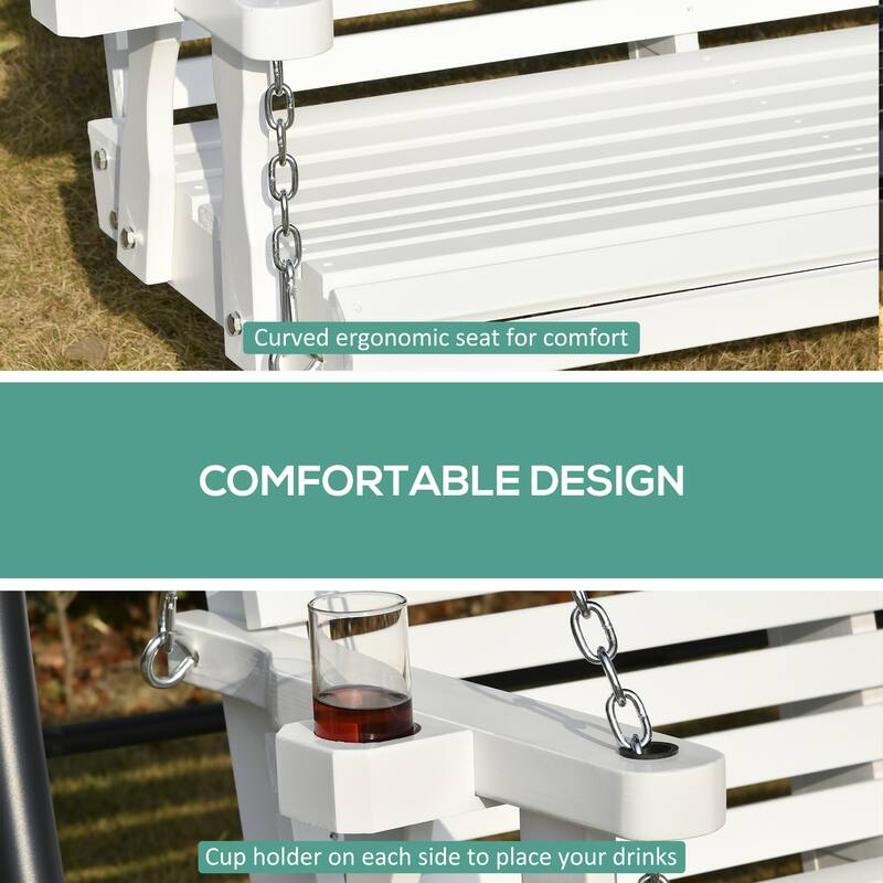 Outsunny 2-Person Outdoor Porch Swing Bench with 2 Built-In Cup Holders, Slatted Design, & Chains Included