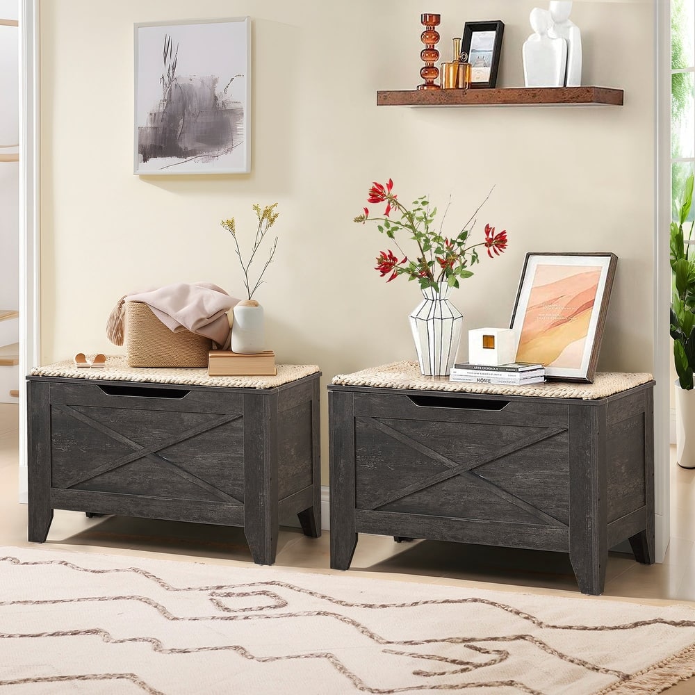 VECELO Storage Bench, Wooden Chest for Storage with Wicker Mat Safety Hinges Entryway Shoe Bench Storage Trunk(Set of 2)