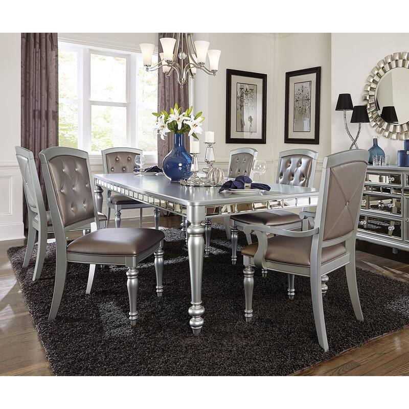 Glamourous Silver Finish Rectangular Dining Table 1pc Draw Leaf Mirror Trim Apron Dining Room Furniture