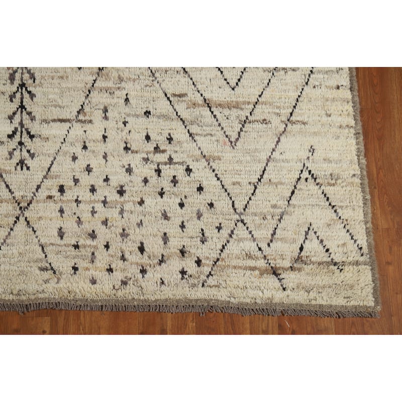 Geometric Moroccan Oriental Rug Handmade Geometric Beige Wool Carpet - 6'9" x 9'7"