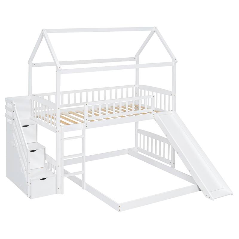Twin Over Full Bunk Bed with Slide and Storage, White/Gray, Space-Saving Design