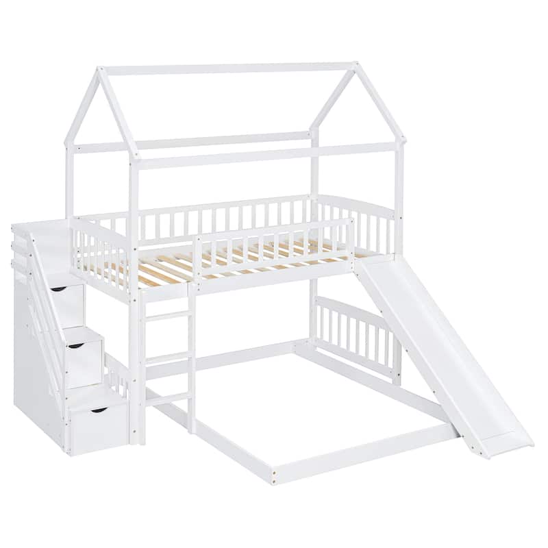 Twin over Twin Size Pine Wood Bunk Bed with Two Drawers and Slide for Kids
