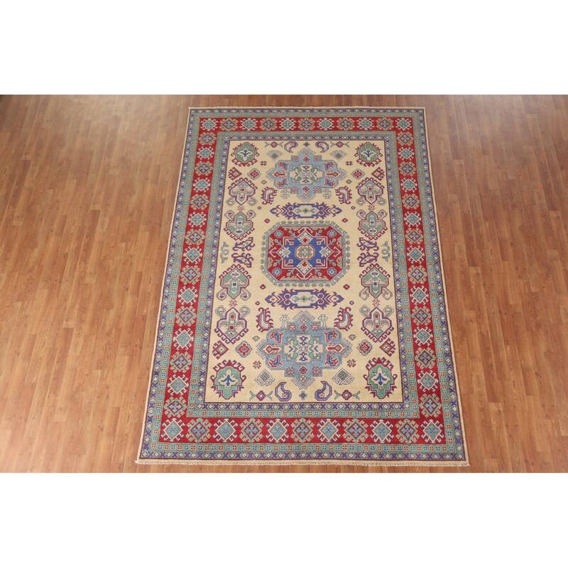 Hand Knotted Oriental 100% Wool Carpet Traditional Geometric Peach Kazak Area Rug - 9' 9'' X 6' 8''