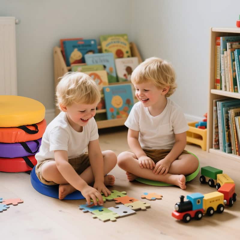 Set of 6 Colorful Stackable Kids Floor Cushions with Handles and PU Foam Seats for Classroom or Home - 14" x 14" x 2.5"