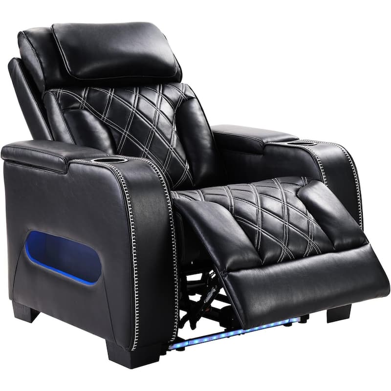 Power Recliner Chair with Adjustable Headrest, Breathable PU Leather Home Theater Seating with Ambient Lighting,Cup Holders