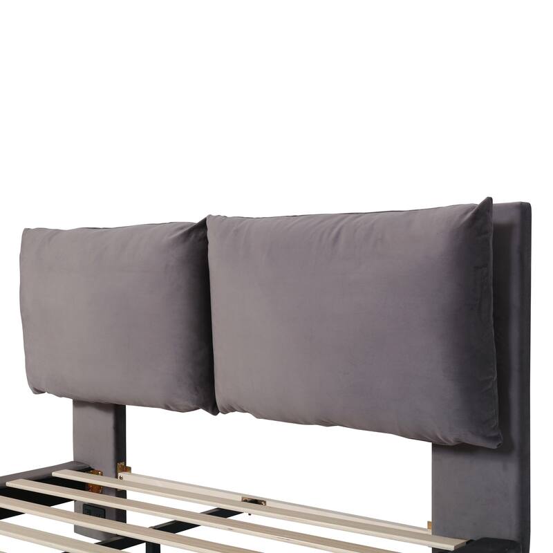 Queen Size Upholstered Platform Bed with Sensor Light and 2 Large Backrests