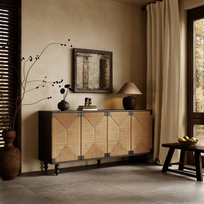 Accent Sideboard Buffet Cabinet with Wire-Brushed & Seagrass Doors, Wood TV Stand for Hallway & Dining