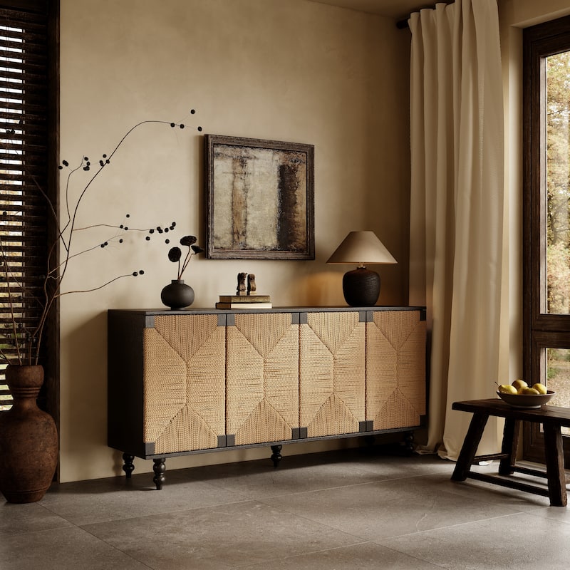 Rossetta Accent Natural Sideboard Buffet Cabinet with Handwoven Seagrass Doors, Ample and Organized Storage