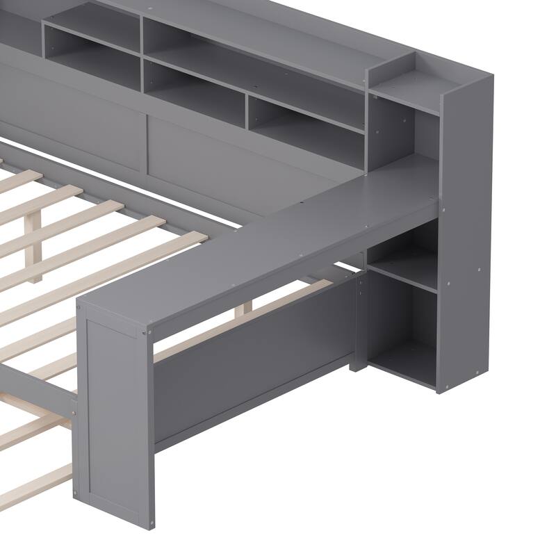 Multi-functional Gray Wooden Daybed with Storage Shelves, Twin Trundle Bed, and Study Desk