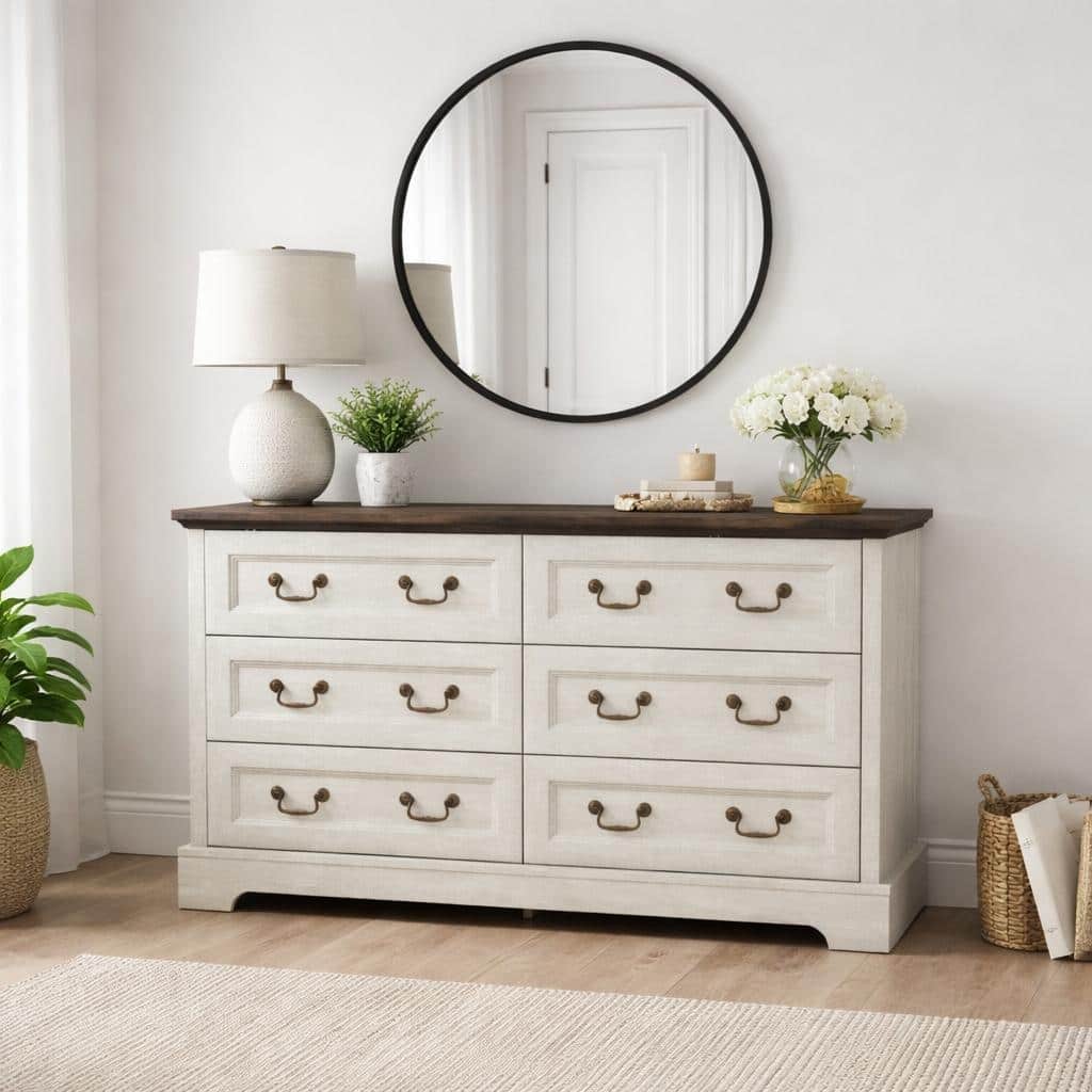 Farmhouse 6-Drawer Dresser, Rustic Wooden Chest of Drawers with Metal Handles, Wide Storage Dresser TV Stand for Bedroom