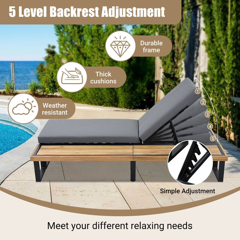 Outdoor Lounge Chair Set of 2 with 5 Position Adjustable Backrest, Iron Patio Loungers Recliners with Wood Side Table