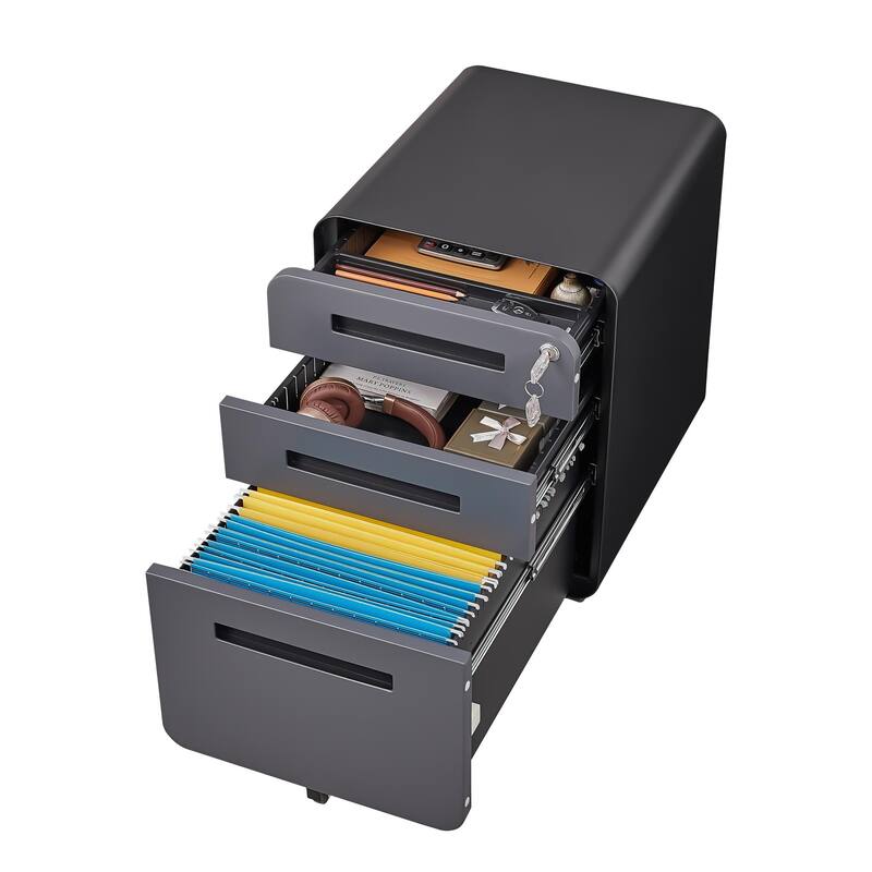 Rounded 3 drawer mobile filing cabinet, 5-wheel design with anti tilt cold-rolled steel material