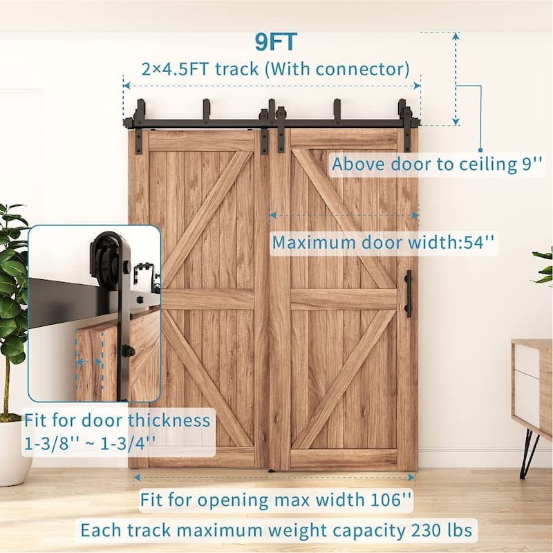 WINSOON 5-16FT Bypass Sliding Barn Door Hardware Kit for Double Doors J Shape Hangers