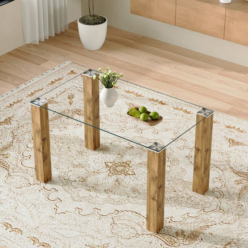 Roomfitters Glass Dining Table with 49.6 Inch Tempered Top and Walnut MDF Legs for Modern Home Interiors