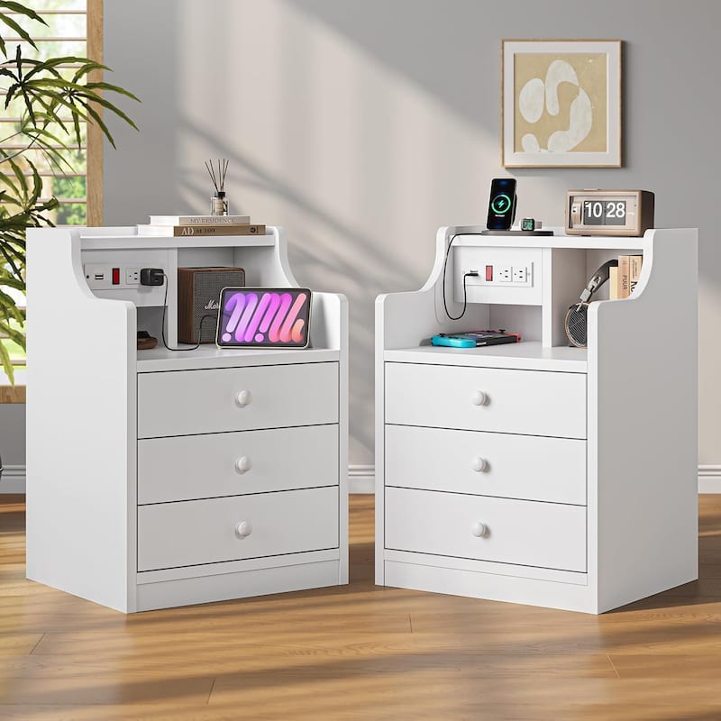 Nightstand with Drawers Charging Station End Side Table with Hutch - 2Sets NS White - 3-drawer