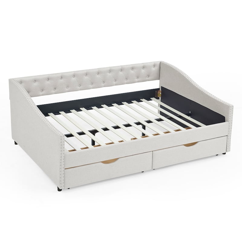 Mid-Century Linen Upholstered Daybed Platform Bed Frame with Storage Drawers, Button Tufted Back and Nailhead Trim Arms