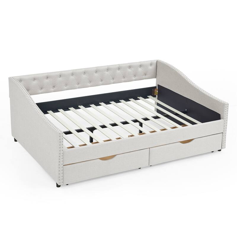 Tufted Button Daybed with 2 Storage Drawers/Upholstered Sofa Bed Frame w/Copper Nail on Waved Shape Armrests/No Spring Box Need