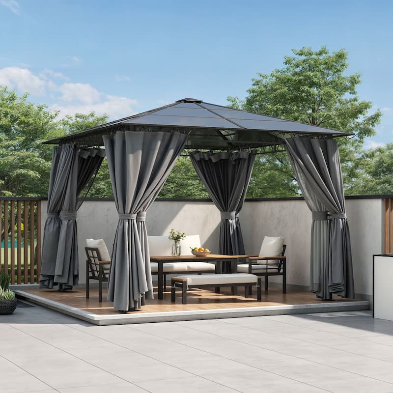 10'x10' Hardtop Patio Gazebo with Privacy Curtains and Mosquito Netting - Grey